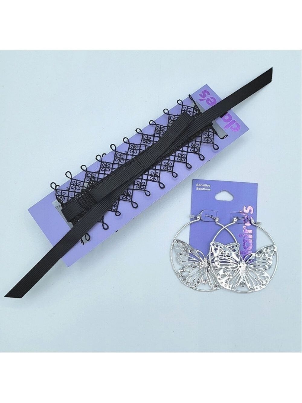 Claire's Black Choker & Silver Butterfly Earrings Set NEW #0016